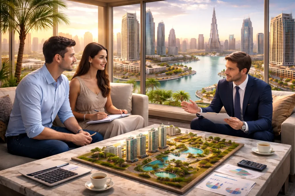 Couple having a real estate consultation with an agent in Dubai