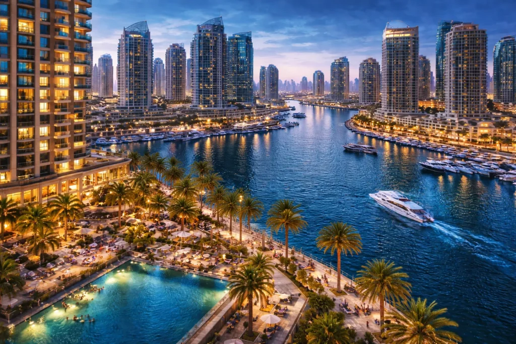 Dubai Marina at night with lit-up skyscrapers and a yacht passing by.