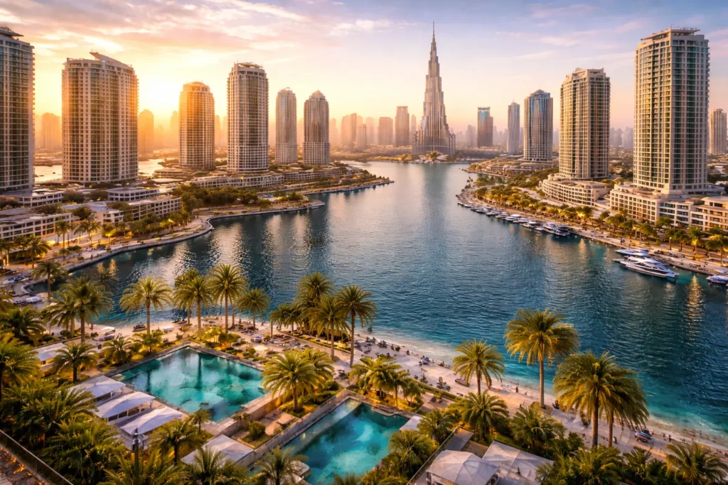 Dubai Marina at sunset with skyscrapers and calm waters.