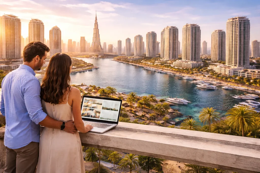 Couple enjoying a scenic view of Dubai Marina and Burj Khalifa with a laptop.