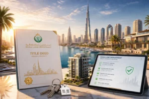 A hand holding keys with a Dubai Title Deed, showcasing the city's luxury real estate, including a modern property and the Burj Khalifa in the background.