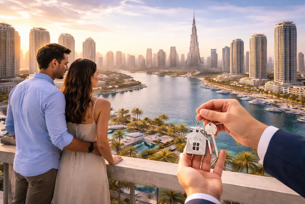 Close-up of a Dubai Title Deed and a digital blockchain verification on a smartphone, set against a backdrop of Dubai's skyline.