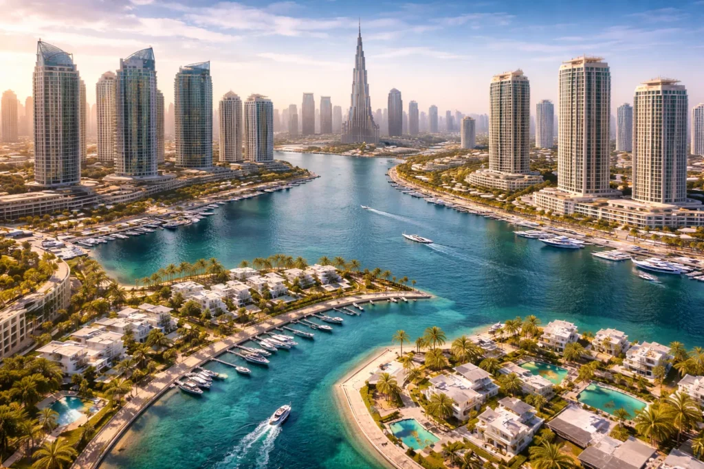 Aerial view of Dubai's iconic skyline with the Burj Khalifa, luxury villas, and yachts in the Dubai Marina.