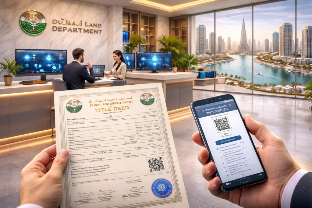 Dubai Land Department office with professionals discussing property registration and a title deed displayed.