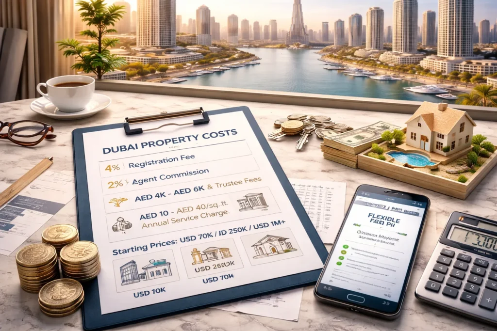 A detailed breakdown of Dubai property costs with registration fees, agent commission, and starting property prices.