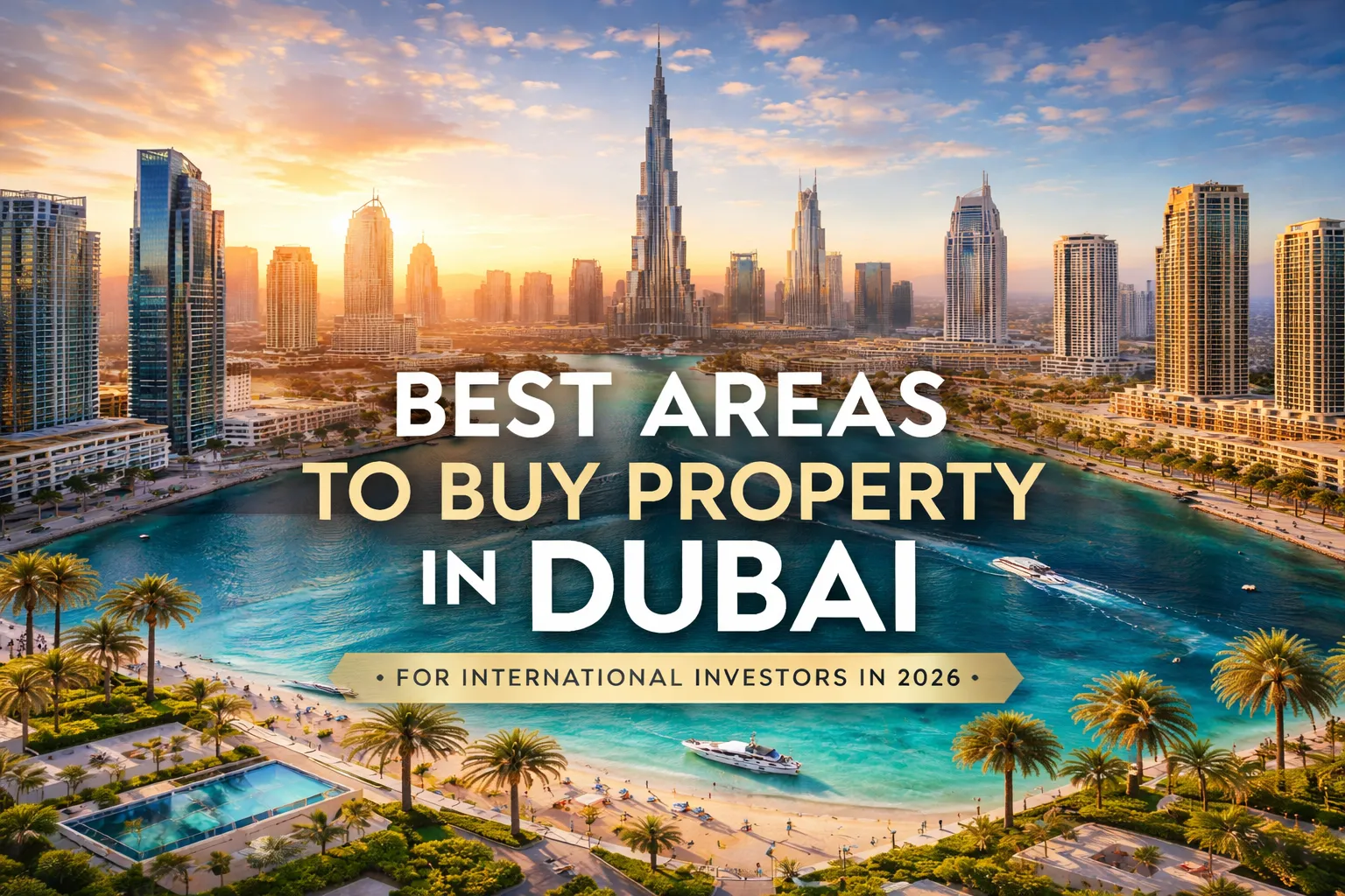 A stunning view of Dubai skyline with Burj Khalifa, showcasing the best areas to buy property in Dubai.