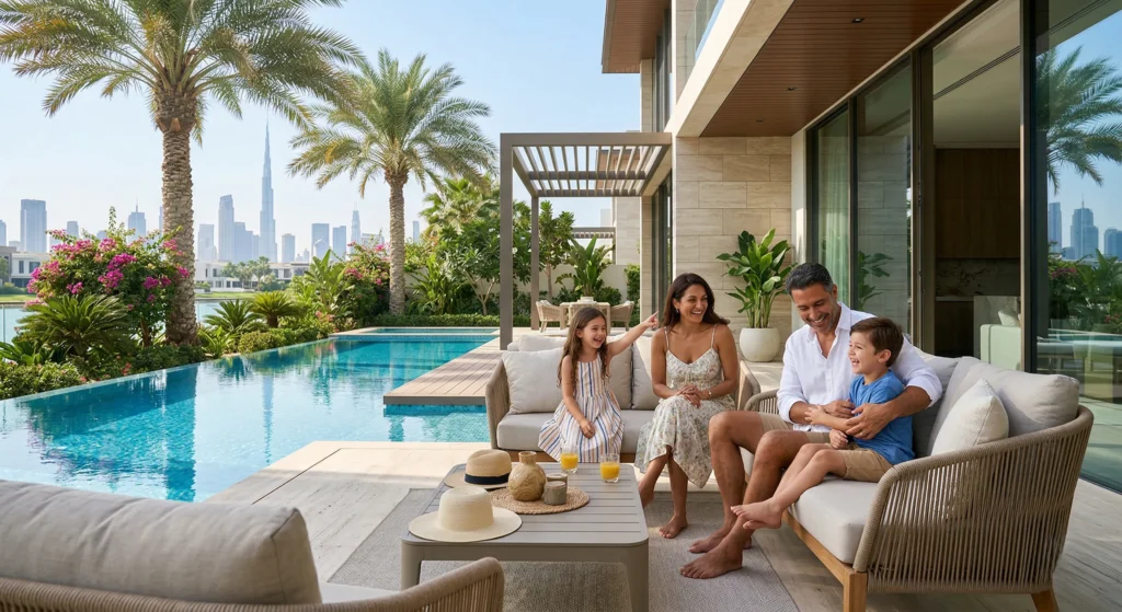 Family enjoying luxury villa lifestyle in Dubai through property investment and Golden Visa benefits