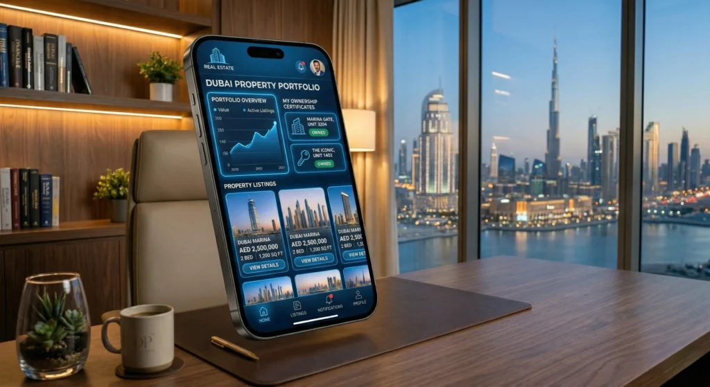 Smartphone showing Dubai REST property registration app with Marina skyline in background