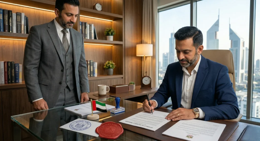 Person signing notarized Power of Attorney document to buy Dubai property remotely