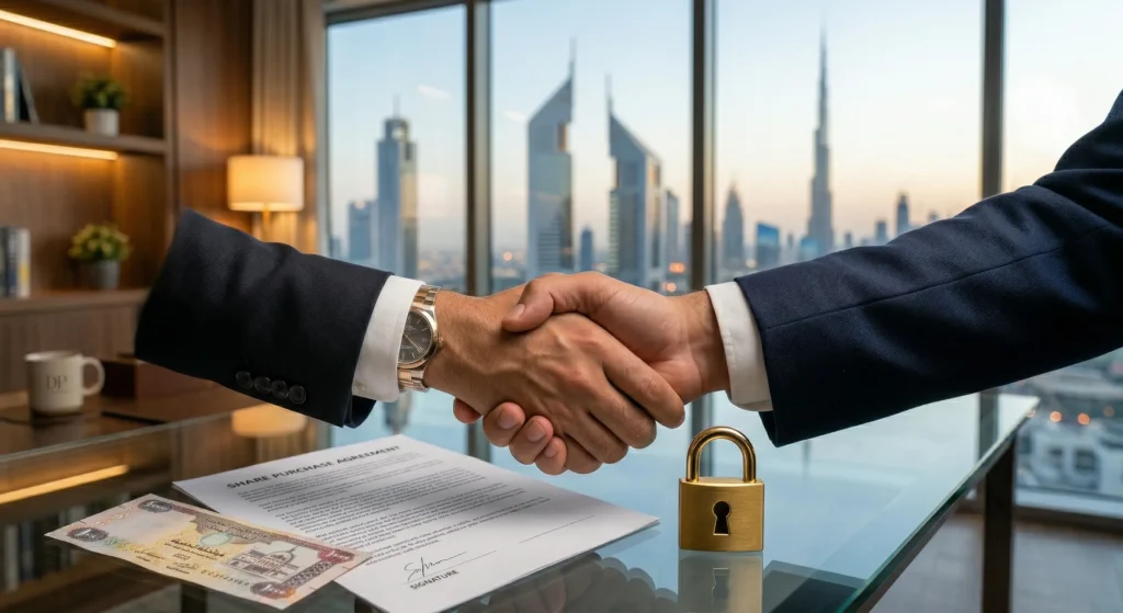 Professional handshake over Dubai property contract representing RERA escrow security
