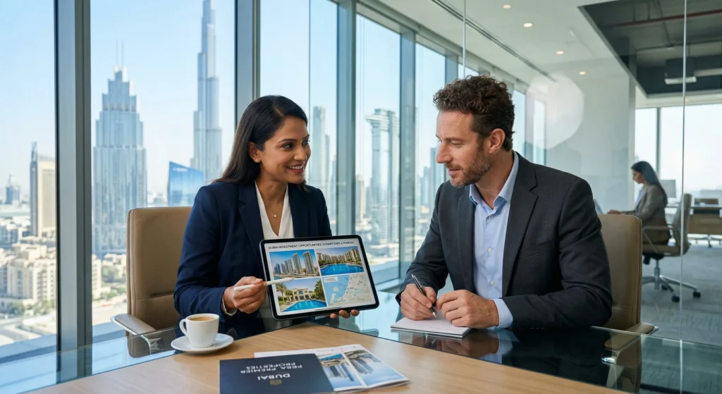 Real estate advisor helping investor choose Dubai property with strategic guidance