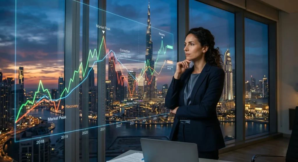 Real estate investor analyzing Dubai property market cycles and price fluctuations