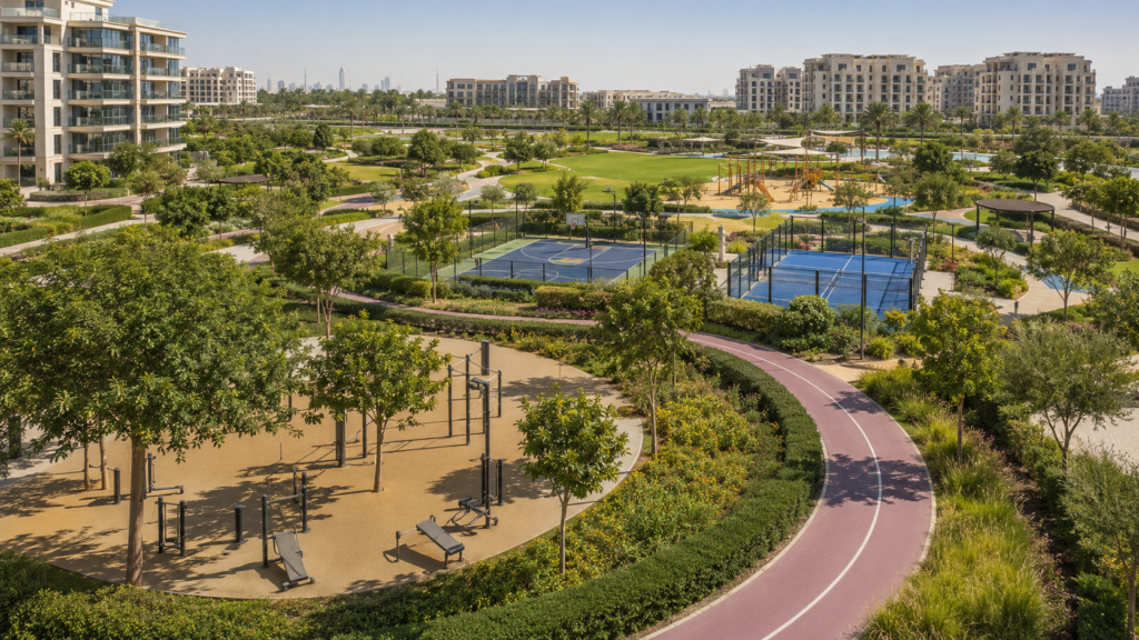 Dubai Hills Park sports, children's facilities and recreational areas